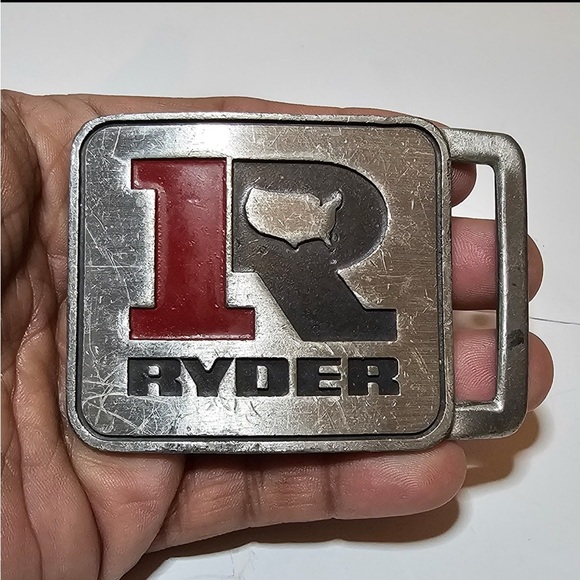 Vintage RYDER Pewter Belt Buckle By Michelin Squared With Red Inlay Flawed - Picture 1 of 10